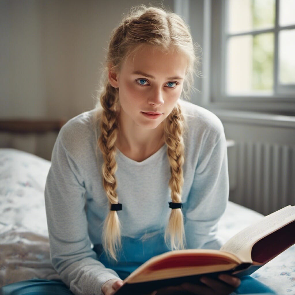 Eine junge Frau mit blonden Haaren in zwei Zöpfen sitzt auf einem Bett und liest Das-Taschenbuch-für-Grunder-Bewertung. Sie trägt ein helles Langarmshirt und im Hintergrund ist ein Fenster zu sehen.