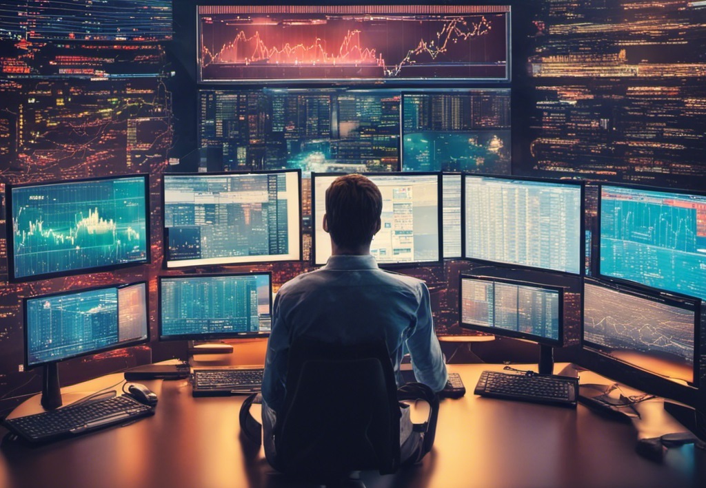 In einem dunklen, futuristischen Raum sitzt eine Person an einem Schreibtisch mit mehreren Computermonitoren, auf denen Finanzdiagramme und -daten angezeigt werden, und grübelt: „Kann man mit Online-Handel Geld verdienen?“
