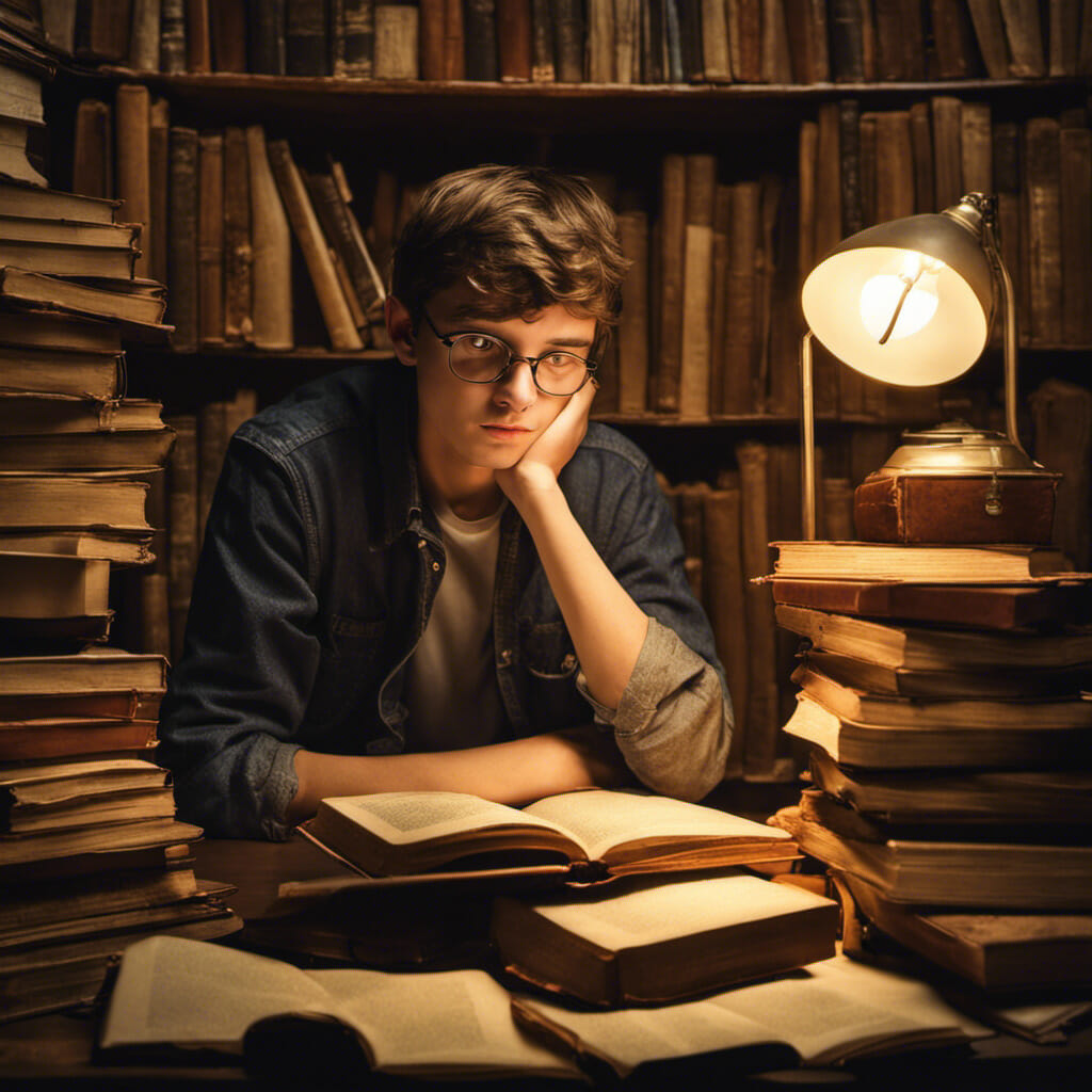 Eine Person mit Brille sitzt an einem Holztisch in einem schwach beleuchteten Raum voller Bücher. Sie ist von Stapeln offener und geschlossener Bücher umgeben und recherchiert, wie man mit 16 Jahren Geld im Internet verdienen kann. Eine brennende Schreibtischlampe erhellt den Raum.